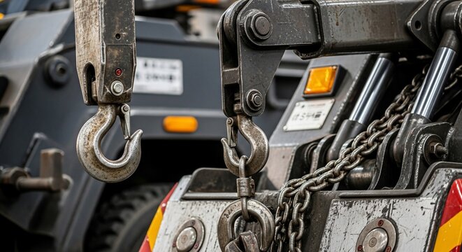 Close-up view of a tow truck's hook and chain, showing mechanical details.