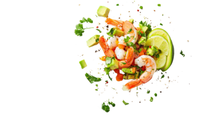 fresh shrimp ceviche with lime cilantro and avocado om white background