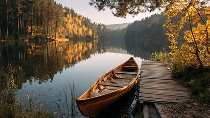 Obraz premium Old wooden canoe tied to a rustic dock on a tranquil forest lake with autumn foliage during golden hour