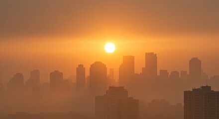 Fototapeta premium Hazy Sunset Silhouette: Cityscape Bathed in Golden Hour Light