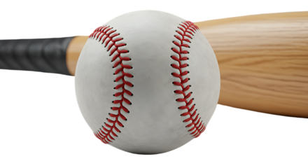 Close up of a baseball with a bat in the background on a black background
