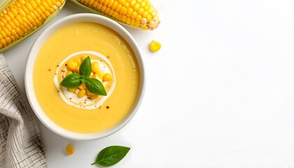 Fresh yellow corn soup with creamy texture garnished with basil leaves and served in a white bowl, surrounded by corn cobs and fresh herbs on a white background