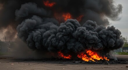 Massive Blaze Engulfs Tires, Dark Smoke Clouds Industrial Site