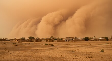 Massive Sandstorm Engulfs Village, Dramatic Atmospheric Phenomenon, Desert Landscape.