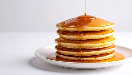 Delicious golden-brown stacked pancakes with syrup pou over breakfast food on a white plate and clean background