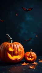 Carved pumpkins, spiderwebs, bats, dark background, jack o lantern, pumpkins, autumn