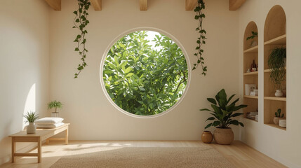 A serene and minimalist meditation or yoga space with a large round window overlooking lush green foliage and soft natural light
