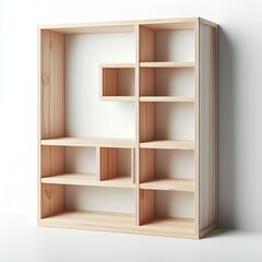 Minimalist wooden shelving unit against a white wall creates organized storage and aesthetic appeal.