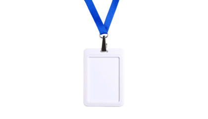Blank white ID card badge with blue lanyard against a split background of black or transparent
