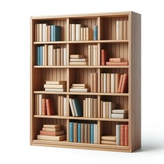 A well-organized wooden bookcase filled with a variety of colorful, vintage-looking books on white.
