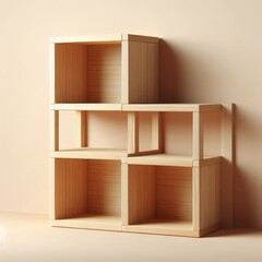 Minimalist wooden cube shelves against a soft beige wall create a warm, inviting mood