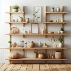 Fototapeta premium Stylish wooden shelves with assorted neutral decor against a white wall, clean and organized space.
