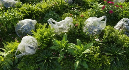 Plastic Baggage: A Surreal Garden Scene with Plastic Bags as Unexpected Floral Covers