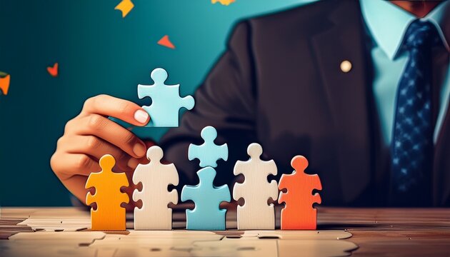 Group of Puzzle Pieces with Hands Connecting Them, Concept of Teamwork or Collaboration