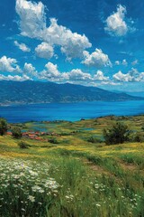 Obraz premium Scenic vista of a hillside overlooking a lake