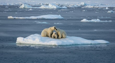 Naklejka premium Polar Bear Family on Ice Floe: Arctic Wildlife, Climate Change, Survival.