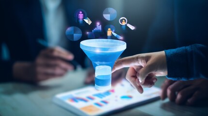 marketing funnel and data analytics used by a team of sales consultant to analyze leads generation, conversion rate, and sales performance of e commerce. multi channel advertising, customer journey.