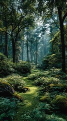 Naklejka premium Lush forest path bathed in soft light