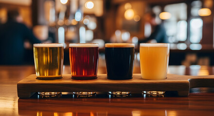 Craft beer flight showcasing amber, dark, and light brews in a blurred pub setting, perfect for advertising local brewery tours and highlighting bar menus with delicious beverage options