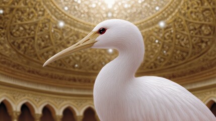 Obraz premium A white bird with red eyes and a long beak stands against an ornate golden background