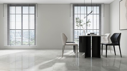 Marble dining table, black, white leather chair, poster frame on wall, tile floor in luxury, modern room in sunlight from window blinds with cityscape view for interior design decoration background 3D
