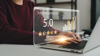Customer Satisfaction Rating Concept. Person typing on laptop with showing five star customer satisfaction rating, bar graph, and review comment count, symbolizing service quality feedback.