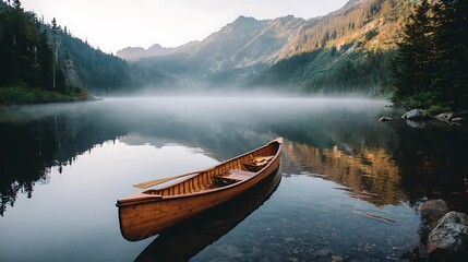 Wooden canoe floating peacefully on a tranquil mountain lake during sunrise with soft fog