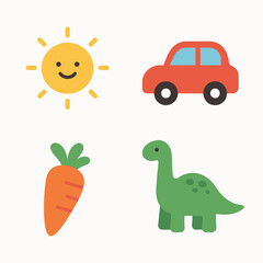 Fototapeta premium Flat Colorful Playful Car Sun Carrot Dinosaur Illustration Set