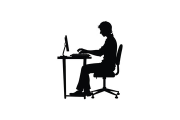 A focused person working on a computer at a desk depicted in a stark black silhouette against a clean white background highlighting the simple elegance of the silhouette style