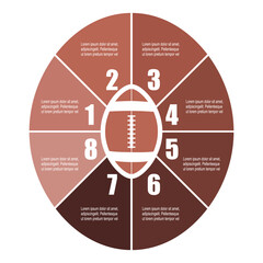 American football ball with eight features or option of project to select. Minimal infographic illustration for business and sport information visualization.
