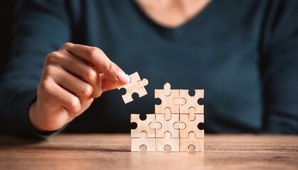 Hand Places Puzzle Piece on Wooden Block Structure