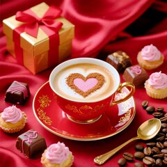 Luxury Romantic Cappuccino with Chocolates and Pastries 
