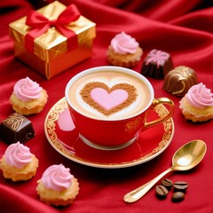 Luxury Romantic Cappuccino with Chocolates and Pastries 
