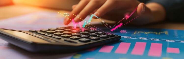 Obraz premium Close-up of a hand pressing keys on a calculator, overlaid with dynamic graphs and data, illustrating financial analysis and market trends in a vibrant, modern setting.