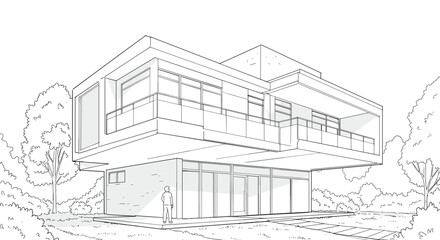 Modern house exterior design architectural rendering line drawing art