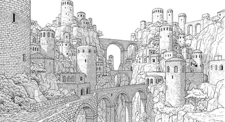 Obraz premium Fantasy city landscape drawing with towers and bridges illustration