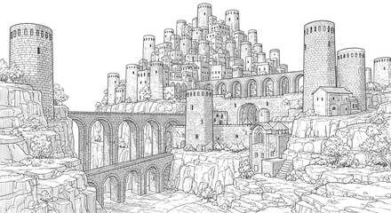 Obraz premium Detailed drawing of fantasy city with towers and bridges illustration