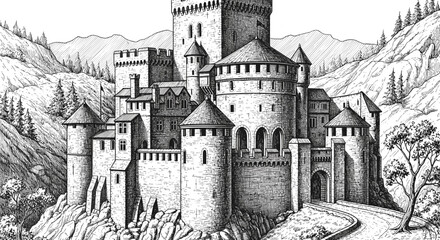Fototapeta premium Detailed pen and ink drawing of a medieval castle on a rocky outcrop