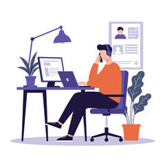 Businessman Analyzing Data with Magnifying Glass, Flat Vector Illustration