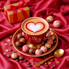 Luxury Romantic Cappuccino with Chocolates and Pastries 
