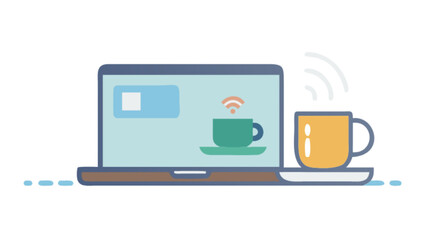 Laptop coffee break illustration for remote work productivity and relaxation vector graphic design