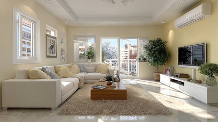 Fototapeta premium Light beige living room with sectional couch, large windows, and balcony views