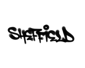 textured sprayed graffiti tagging letters SHEFFIELD city name isolated in black