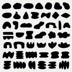 Abstract black shapes on a white background. Various abstract forms, abstract patterns, and abstract designs create a unique abstract composition. Black and white vector set.
