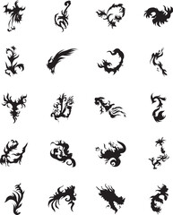 Collection of stylized flame designs; black, graphic, tribal, fire icons.