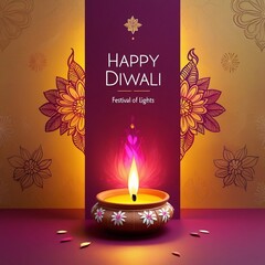 Ornate Diwali greeting card with glowing diya, intricate floral patterns, and elegant festive gold background – AI-Generated