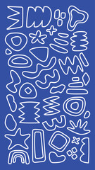 Abstract shapes on a blue background. White abstract shapes, varied and random. Blue and white abstract design with diverse shapes and forms. Funky shapes vector set.
