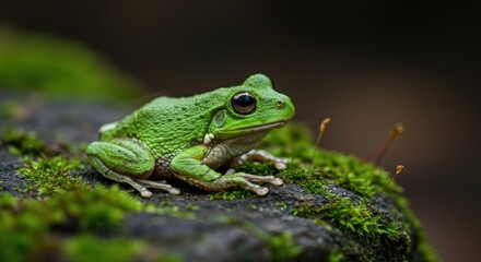 Naklejka premium Close-up of a Vibrant Green Tree Frog on Moss-Covered Rock