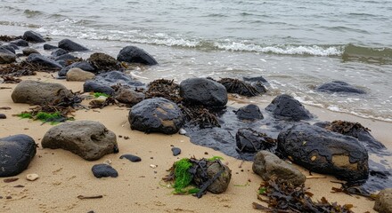 Obraz premium Coastal Pollution: Dark Oil Slick on Beach Rocks and Seaweed.