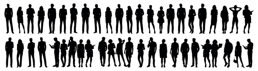Silhouettes of diverse people in various poses. Business attire, standing, diverse group. Silhouettes emphasize diversity, business, and group dynamics. People silhouettes, vector set.